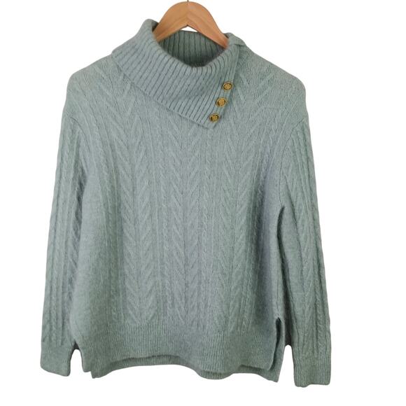 EP SZ L Mohair Wool Blend Cable Knit Sweater Soft Green Gold Buttons - Picture 2 of 6